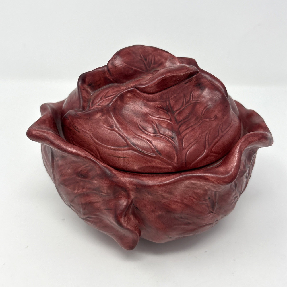 Vintage Cabbage Tureen Bowl Holland Mold 1970s Vegetable Dish with Lid Burgundy